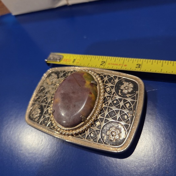 Red Coral Stone Cabochon Silver Tone Oval Belt Buckle Floral Engraved - Picture 7 of 8